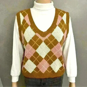 NOBO Y2K Oversized Diamond Pink &  Brown V-neck Cropped Short Sweater Vest